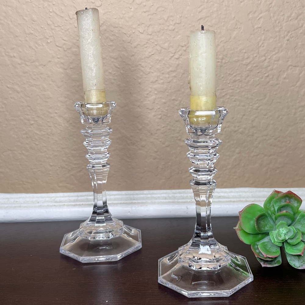 Vintage Mikasa Colonnade Clear crystal Candlesticks, Octagonal Base, 5.25” Pair